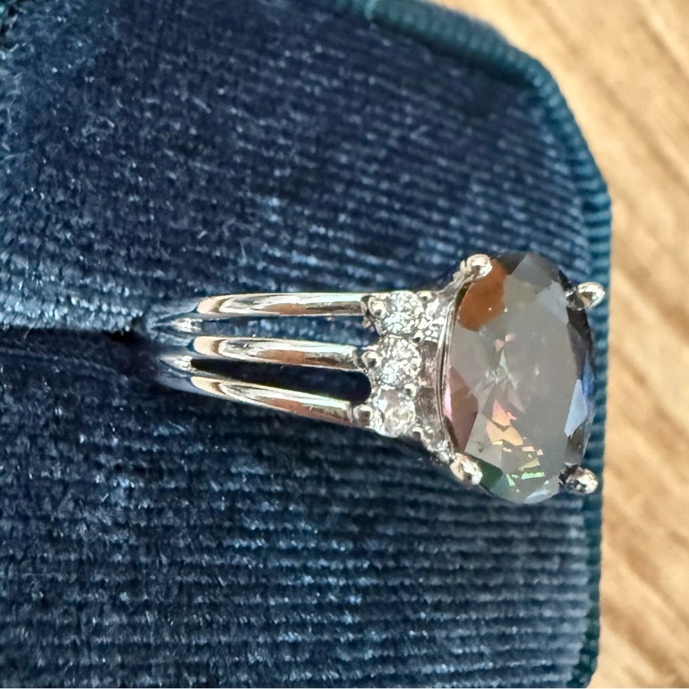 Mystic Topaz Oval Cut Ring With Clear 
Stones Set In Sterling Silver Size 8.5 - Picture 7 of 10
